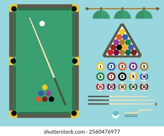 Billiard table with pockets,triangle rack and cue. Snooker billiards,flat icons set,Pool table top view .Vector illustrations.