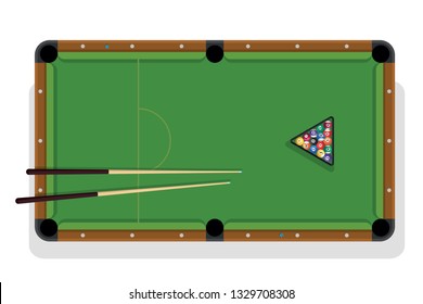 Billiard Table, Pool Stick And Billiard Balls For Game. Pool Table With Triangle, Balls And Cua Top View