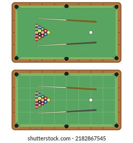 Billiard Table, Pool Stick And Billiard Balls For Game. Pool Table With Triangle, Balls And Cua Top View