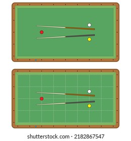 Billiard Table, Pool Stick And Billiard Balls For Game. Pool Table With Triangle, Balls And Cua Top View