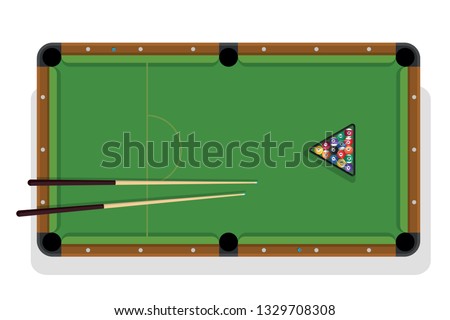 Billiard table, pool stick and billiard balls for game. Pool table with triangle, balls and cua top view