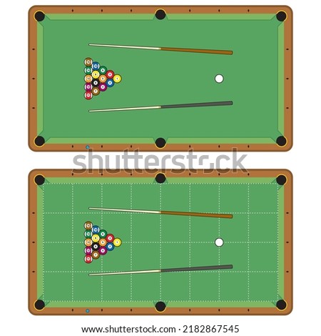 Billiard table, pool stick and billiard balls for game. Pool table with triangle, balls and cua top view