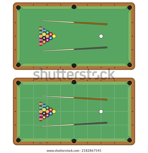 Billiard table, pool\
stick and billiard balls for game. Pool table with triangle, balls\
and cua top view