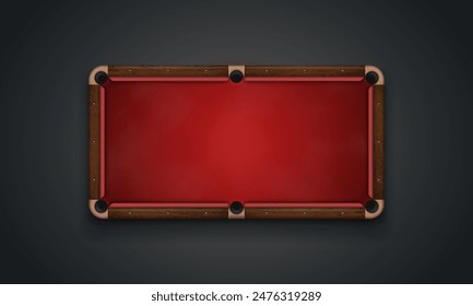 Billiard table with red cloth on dark background. Empty pool table top view. Vector illustration.