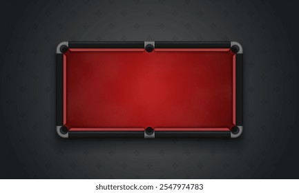 Billiard table with red cloth on dark background. Empty pool table top view. Vector illustration.