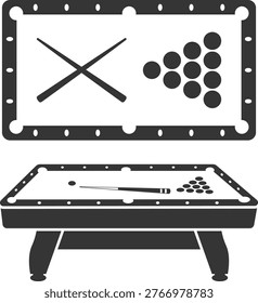 Billiard Table Vector Set, Pool Table Game Icons, Pool Snooker Table Silhouettes with Cues and Balls Illustration