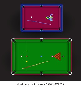 Billiard tables American Snooker on dark background. Pool game template. Billiards gamble competition