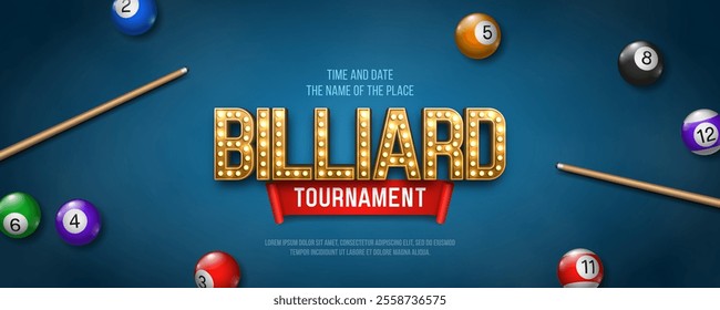 Billiard tournament banner with cue and colorful balls. Poster for sports championship. Vector illustration.