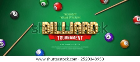 Billiard tournament banner with cue and colorful balls. Poster for sports championship. Vector illustration.