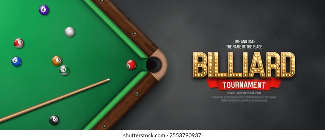 Billiard tournament banner with table, balls and cue. Poster for sports championship. Vector illustration.