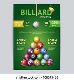 Billiard Tournament Poster Card Template Cue In A Pool Table. Vector Illustration Of  Competition Flyer Or Placard