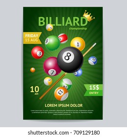 Billiard Tournament Poster Card Template Realistic Ball with Cue Concept for Ad, Invitation, Presentation on a Green. Vector illustration of Sport Game