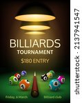 Billiard tournament poster with realistic balls and cue on green table. Snooker or american pool sport championship event 3d vector banner. Competition announcement with entry payment