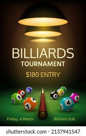 Billiard tournament poster with realistic balls and cue on green table. Snooker or american pool sport championship event 3d vector banner. Competition announcement with entry payment