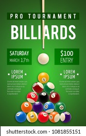 Billiard Tournament Poster For Snooker And Pool Billiards Sport Game Competition. Billiard Pyramid With White Ball And Cue On Green Table For Pool Room Or Billiards Club Promo Banner And Flyer Design