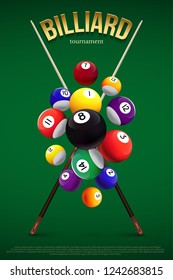 Billiard tournament poster template. Different falling billiard balls and two crossed cues on green background. Vector billiard illustration