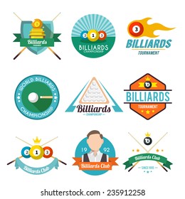 Billiard tournament world club championship label set isolated vector illustration