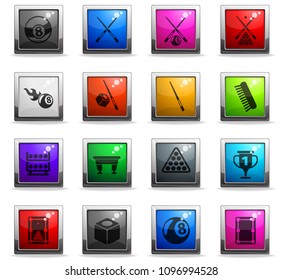 billiard vector icons in square colored buttons