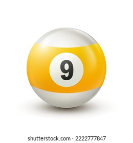 Billiard, yellow pool ball with number 9 Snooker or lottery ball on white background Vector illustration