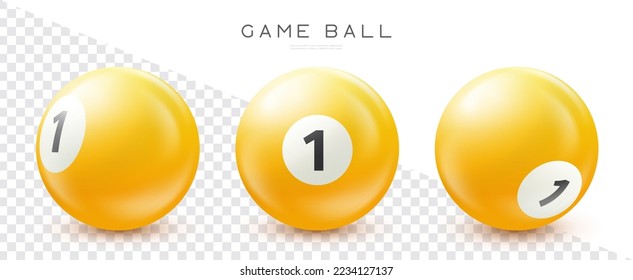 Billiard, yellow pool ball with number 1 Snooker or lottery ball on transparent background Vector illustration