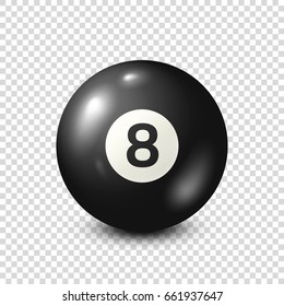 Billiard,black pool ball with number 8.Snooker. Transparent background.Vector illustration.