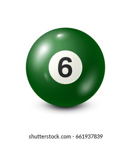Billiard,green pool ball with number 6.Snooker. White background.Vector illustration.