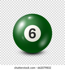 Billiard,green pool ball with number 6.Snooker. Transparent background.Vector illustration.