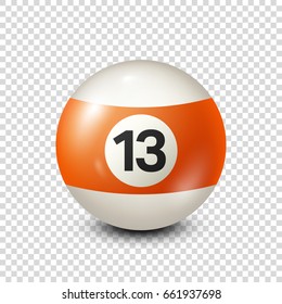 Billiard,orange pool ball with number 13.Snooker. Transparent background.Vector illustration.