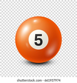 Billiard,orange pool ball with number 5.Snooker. Transparent background.Vector illustration.