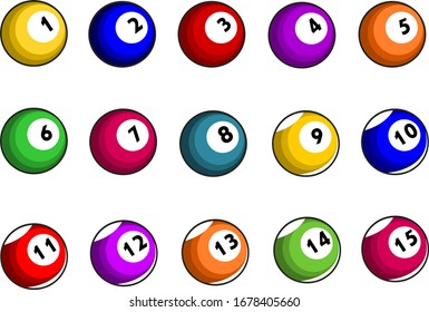 Billiard,pool balls collection Numbers 1 to 15 .Vector illustration isolated on white background