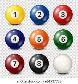 Billiard,pool balls collection. Snooker. Transparent background. Vector illustration.