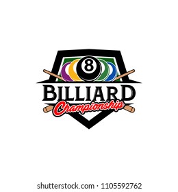 Billiards badges design logos with ball, sticks and simple text. Sport labels vector illustration for pool, poolroom or billiard club and team