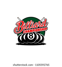Billiards badges design logos with ball, sticks and simple text. Sport labels vector illustration for pool, poolroom or billiard club and team