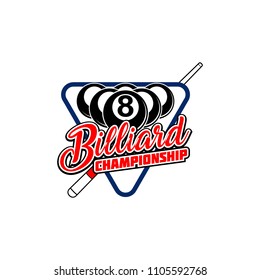 Billiards badges design logos with ball, sticks and simple text. Sport labels vector illustration for pool, poolroom or billiard club and team