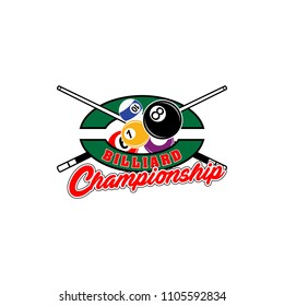 Billiards badges design logos with ball, sticks and simple text. Sport labels vector illustration for pool, poolroom or billiard club and team