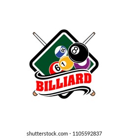 Billiards badges design logos with ball, sticks and simple text. Sport labels vector illustration for pool, poolroom or billiard club and team