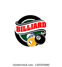 Billiards badges design logos with ball, sticks and simple text. Sport labels vector illustration for pool, poolroom or billiard club and team