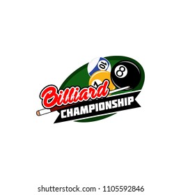 Billiards badges design logos with ball, sticks and simple text. Sport labels vector illustration for pool, poolroom or billiard club and team