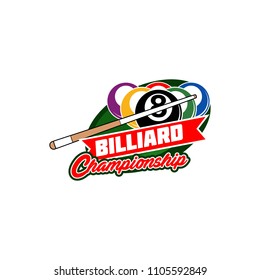 Billiards badges design logos with ball, sticks and simple text. Sport labels vector illustration for pool, poolroom or billiard club and team
