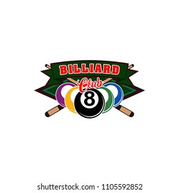 Billiards badges design logos with ball, sticks and simple text. Sport labels vector illustration for pool, poolroom or billiard club and team