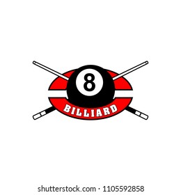 Billiards badges design logos with ball, sticks and simple text. Sport labels vector illustration for pool, poolroom or billiard club and team