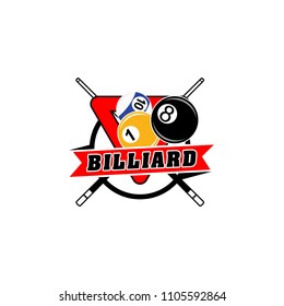 Billiards badges design logos with ball, sticks and simple text. Sport labels vector illustration for pool, poolroom or billiard club and team