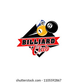 Billiards badges design logos with ball, sticks and simple text. Sport labels vector illustration for pool, poolroom or billiard club and team