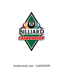 Billiards badges design logos with ball, sticks and simple text. Sport labels vector illustration for pool, poolroom or billiard club and team