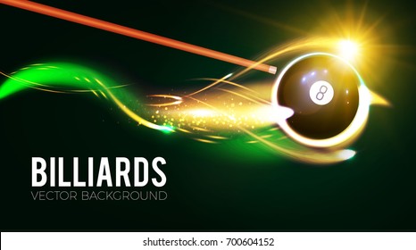 Billiards ball with energy light motion. Gambling. Sport flyer design template. Vector illustration