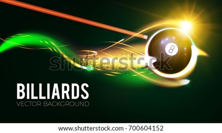 Billiards ball with energy light motion. Gambling. Sport flyer design template. Vector illustration