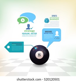 Billiards Ball Infographics Design and Sports Web Banner or Cue Sports Stats Elements, Realistic Sport Vector Background