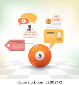 Billiards Ball Number 5, Infographics Design and Sports Web Banner or Cue Sports Stats Elements, Realistic Sport Vector Background