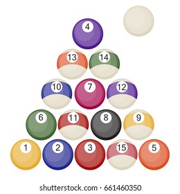 Billiards balls collection pool or snooker balls with cue ball isolated on white background. Pool competition billiards balls gambling hobby recreational tools. Billiard sport game snooker leisure.