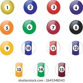 bolas de bilhar com números de um a quinze. Vetor conjunto realista de bolas de cor 3d para jogo de loteria keno ou bilhar. Esferas lustrosas para jogos de casino e snooker isolados bilhar bolas ícones